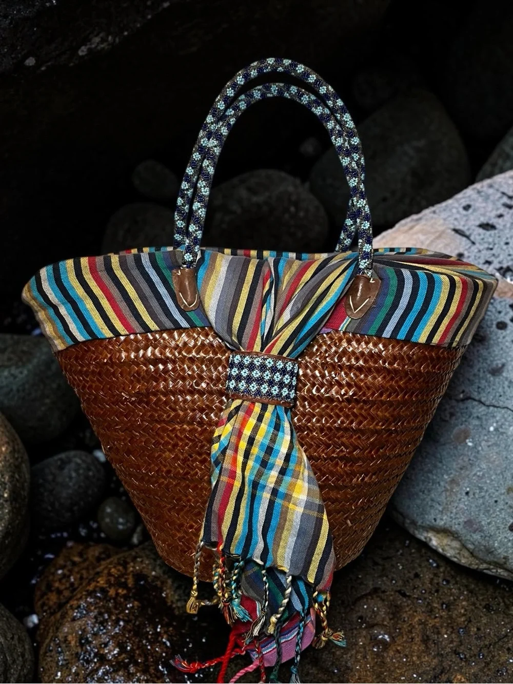 NWOT Moroccan Artisan Handwoven Reed Basket with Braided Leather Handles- Large
